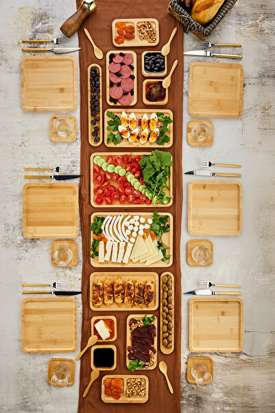 EMBazaar Bambu 32 Parça 6 Kişilik Amazon Serisi/Kahvaltı Seti/Kahvaltı Takımı/Sunum Servis Set/Bambu Set