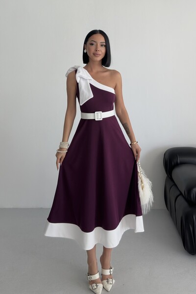 ALFUDO Moda Collection One Shoulder Belted Women's Midi Purple Evening Dress ...