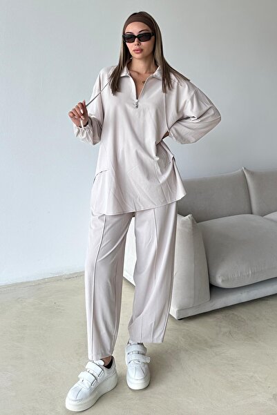 Olcay Tunika-Hosen-Set aus hochwertigem Strickstoff mit Reißverschluss am Kragen, STEIN 9375-TK