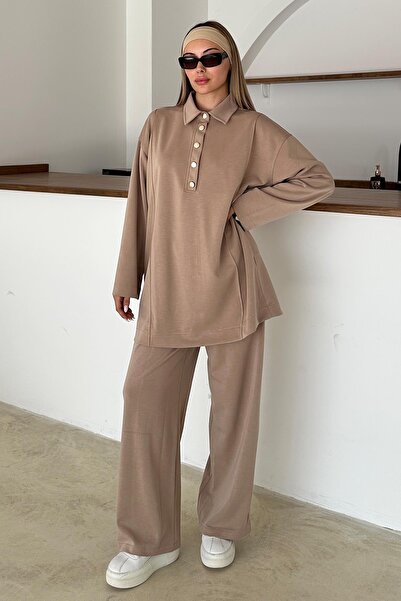 Olcay Shirt Collar Premium Knitted Fabric Tunic Pants Set Kamel 9374-Tk