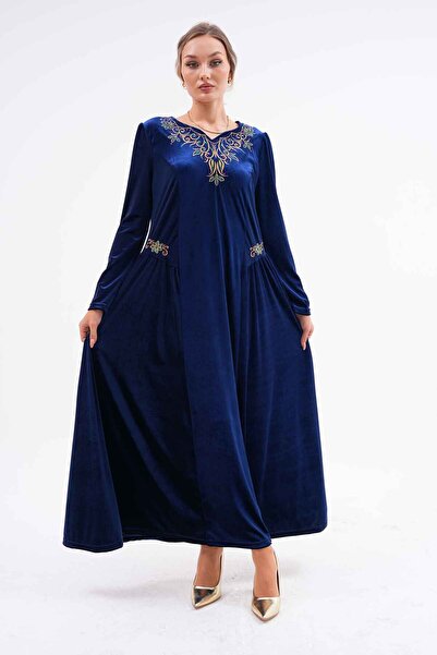 EL jadida Kadın Nakışlı Büyük Beden Kadife Abiye Elbise