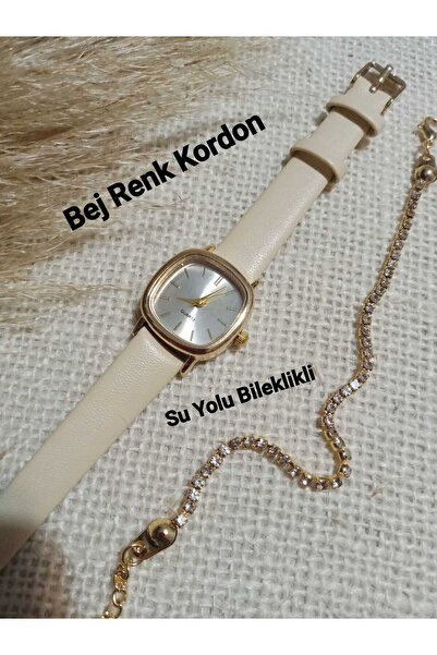QUARTZ Minimal Vintage Kadın Kol Saati Retro BEJ Kordon SU YOLU BİLEKLİKLİ bb...