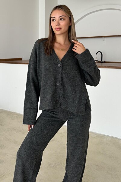 Olcay V-Neck Cardigan Pants Knitwear Set Anthracite 9368-Tk