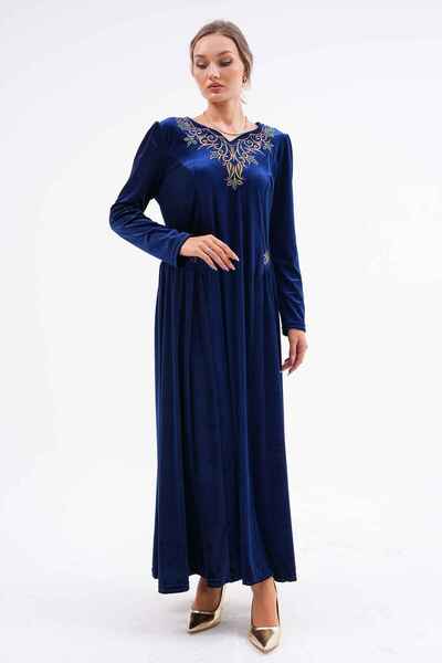 EL jadida Kadın Nakışlı Büyük Beden Kadife Abiye Elbise