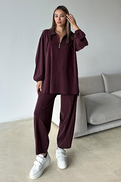 Olcay Premium Knitted Fabric Tunic Pants Set with Zipper Detail at the Collar Bordo 9375-Tk