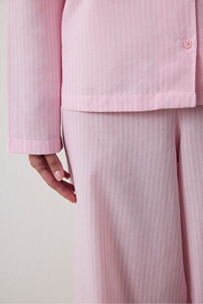 Penti Açık Pembe Çizgili Bağlama Detaylı Pamuklu Gömlek Yaka Pijama Takımı