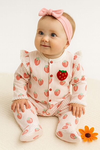 MimiCo %100 Pamuk Çizgili Fırfırlı Kız Bebek Ayaklı Tulum