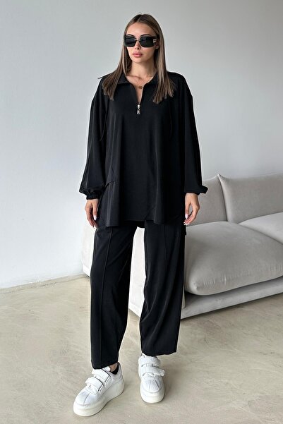 Olcay Tunika-Hosen-Set aus hochwertigem Strickstoff mit Reißverschluss am Kragen SCHWARZ 9375-TK