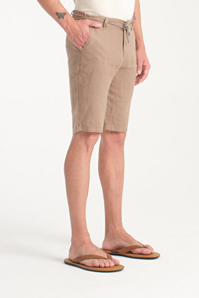 muzzo jeans Erkek Bej Beli Lastikli %100 Keten Şort