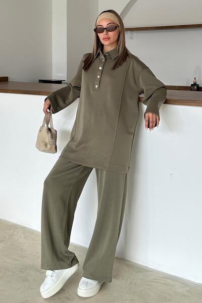 Olcay Shirt Collar Premium Knitted Fabric Tunic Pants Set Khaki 9374-Tk