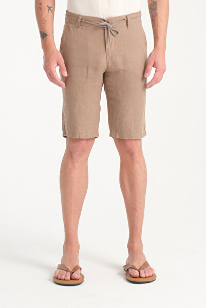 muzzo jeans Ανδρικό μπεζ ελαστικό σορτς μέσης 100% λινό