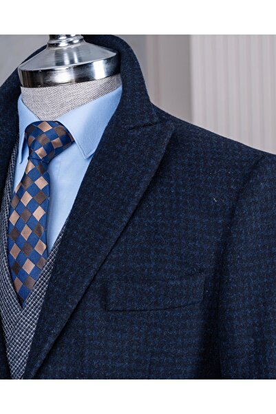 TerziAdemAltun Ανδρικό παλτό με μυτερό γιακά με λεπτή εφαρμογή ιταλικού στυλ, μαργαριταρένιο μπλε navy T13442