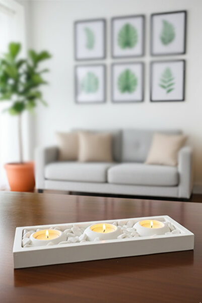 decoronay Dekoratif Beyaz Tabaklı 3'lü Mum Seti ( Taş Dahildir, Mum Dahildir.)