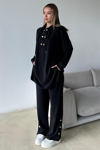 Olcay Premium-Stoff-Freizeit-Sweatpants-Set mit Metallaccessoires SCHWARZ 9372-TK