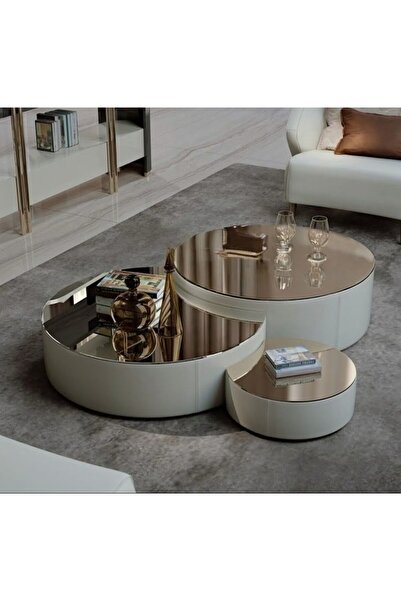 LUXURY VİLLA Luxury Suni Deri Bronz Aynalı Tekerlekli Orta Sehpa Çap 90x90 90x90 50x50 Yükseklik 36cm/32cm/28cm