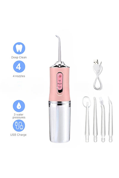DUTRIEUX خيط تنظيف الأسنان المائي المحمول باللون الوردي، مزود بأربعة رؤوس رش،...