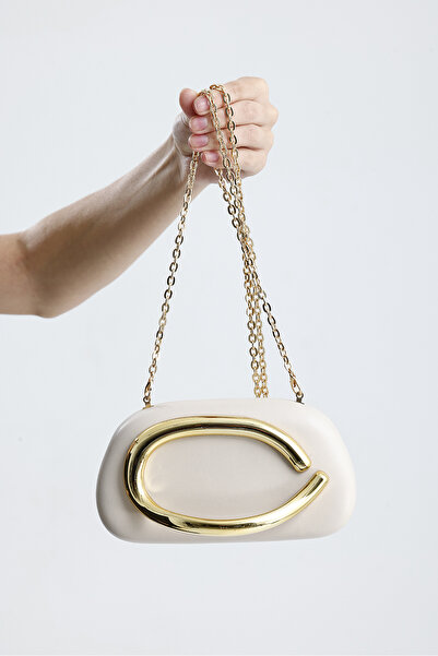 Paksoy Kadın Krem Zincir Askılı Mini Kutu Abiye Clutch El Davet Gece Omuz Çantası