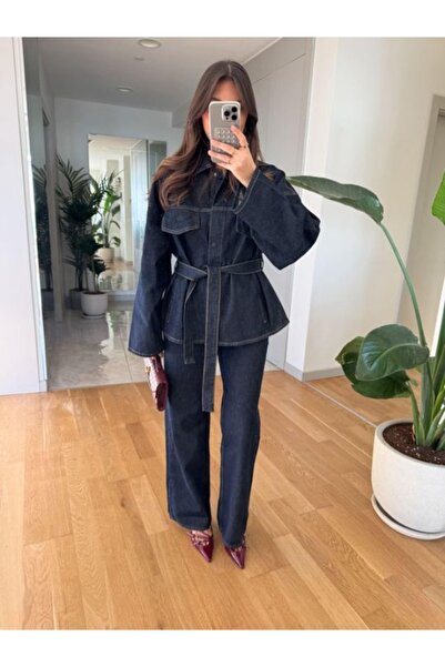 candybia Yeni Sezon Bağlamalı Lacivert Ceket Pantolon Denim Takım