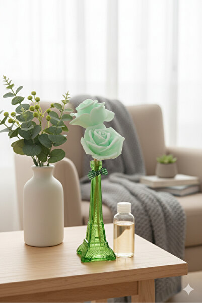 Livava Şık Kutulu Eyfel Şişesi Oda Kokusu, Çiçekli ve Çubuklu, Yeşil, 25x7