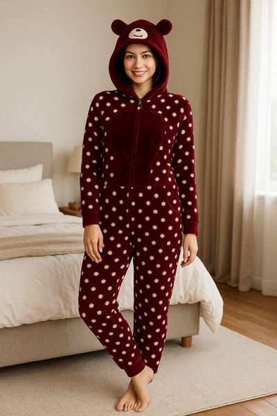nisaNCa Winter Welsoft Fleece Women's Jumpsuit Pajama Set with Zipper Detail
