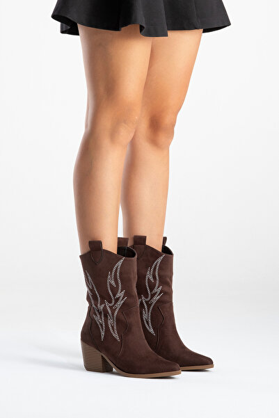 Solo Bag Noya Genuine Suede Embroidery Detailed Stylish Short Cowboy Brown Boots
