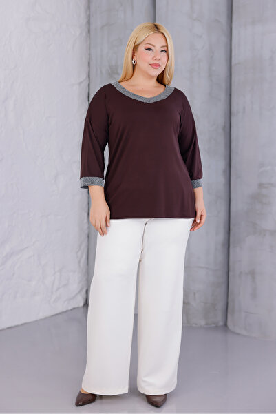 MAG FASHİON Γυναικεία μπλούζα με λαιμόκοψη σε σχήμα V σε καφέ χρώμα με ασημί λάμψη