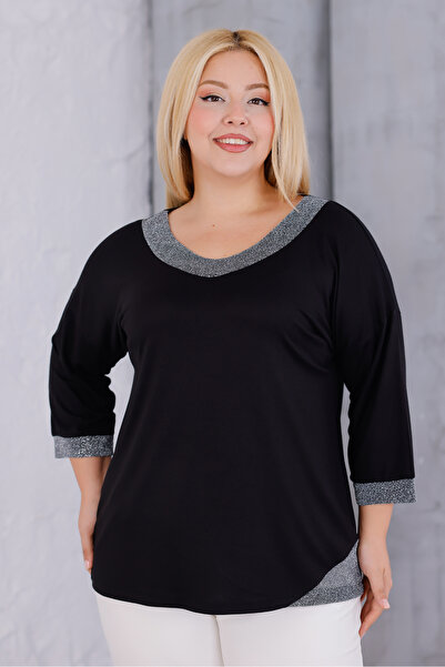 MAG FASHİON Women's Plus Size V-Neck Black Blouse Collar Sleeve Silver Glitter