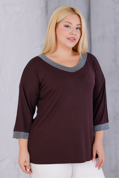 MAG FASHİON Women's Plus Size V-Neck Coffee Color Blouse Collar Sleeve Silver Glitter
