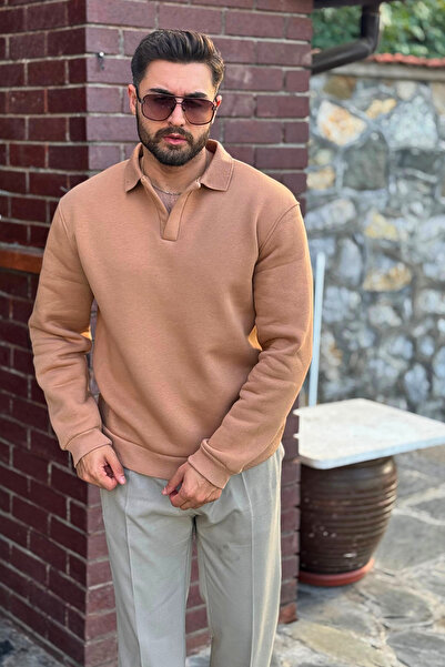 GUARAZ Мъжка кафява памучна блуза с поло яка от мек дебел плат