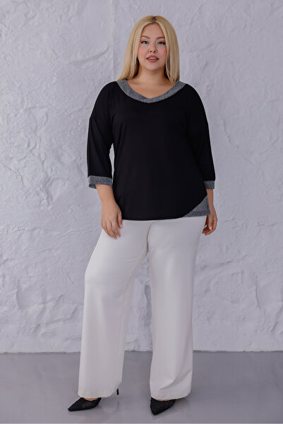 MAG FASHİON Women's Plus Size V-Neck Black Blouse Collar Sleeve Silver Glitter