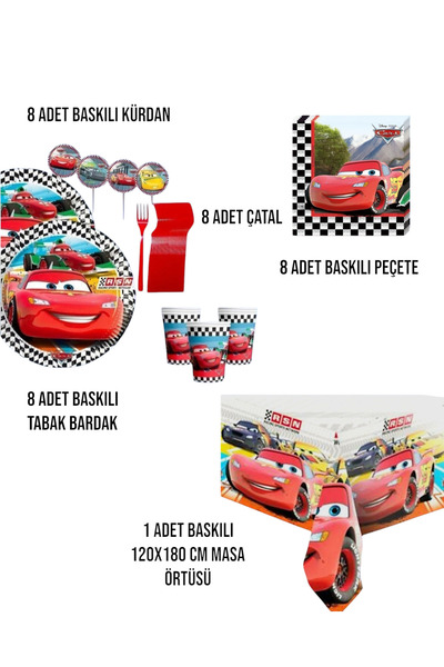 Zayna's Cars Cars Lightning Mcqueen 8-Person Birthday Party Set - Cars Cars Lightning Mcqueen Concept
