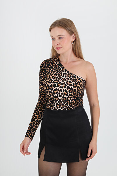 shop Leopar desen simetrik tek omuz uzun kollu bluz/badi