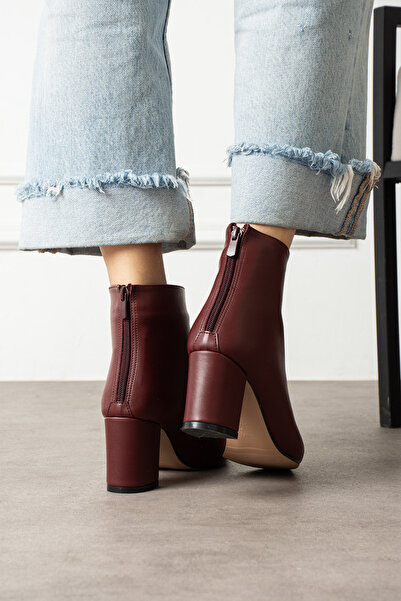 Parıltı Kadın Bordo Cilt Şık Rahat Sivri Burun Topuklu Bot