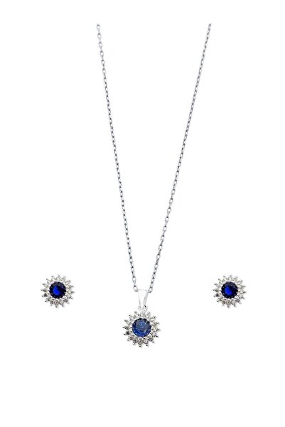 oya silver Minimal Klasik Anturaj Modeli Safir Taşlı Gümüş Kolye & Küpe Seti