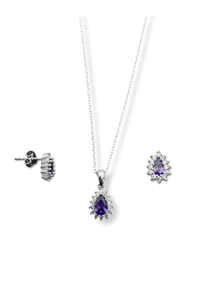 oya silver Minimal Ametist Taşlı Damla Gümüş Kadın Kolye Küpe Set