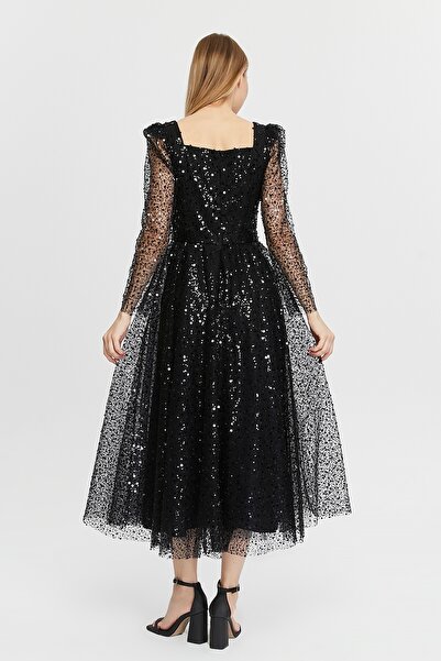 Asees Γυναικείο βραδινό φόρεμα με τετράγωνο λαιμόκοψη από ύφασμα τούλι με μαργαριταρένιες χάντρες από τούλι, κομψό και εκλεκτό βραδινό φόρεμα