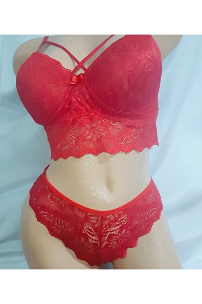 Butik Red Front Cross Detailed Lace Bra and Lace Panty Set