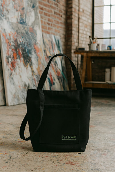 YUNUSOĞLU HOME Multi-Purpose Premium Single Snap Life Printed Black Medium Size Canvas Hand and Shoulder Bag