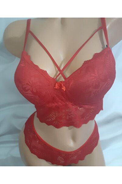 Butik Red Front Cross Detailed Lace Bra and Lace Panty Set