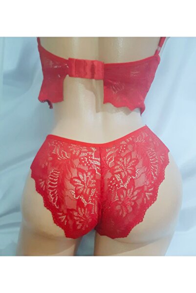 Butik Red Front Cross Detailed Lace Bra and Lace Panty Set