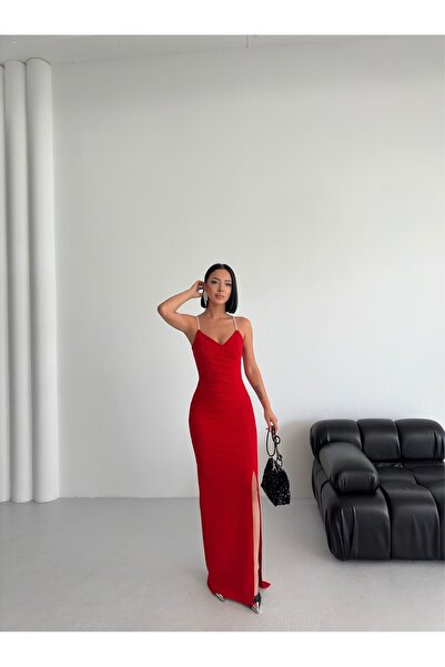 ALFUDO Moda Collection Scuba Kumaş Askı Taş Detay Ince Askılı Yırtmaçlı Abiye Elbise Kırmızı