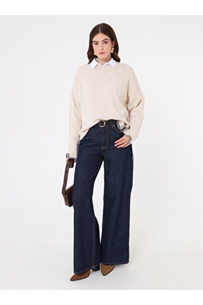 Refka Pulover din tricot cu decolteu crew cu detaliu contrastant în tiv - culoare piatră -