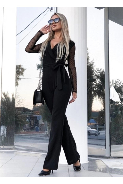 Butik Aura Mou Women's Long Sleeve Double-Breasted Collar Sleeves with Tulle Detail Waist Belted Imported Crepe Jumpsuit