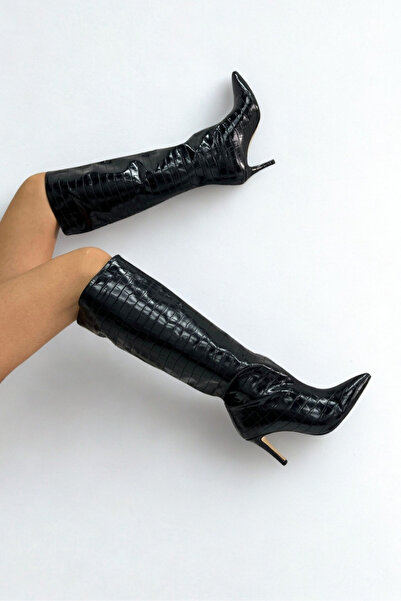 inizio Black Crocodile Print Heeled Women's Shoes Gd1680