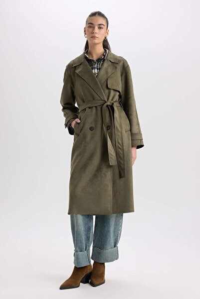 DeFacto Regular Fit Tuxedo Collar Long Suede Trench Coat with Belt Pockets D5799Ax25Sp