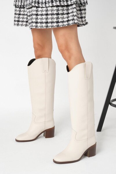 Mio Gusto Skin Color Genuine Leather Look Block Heeled Women's Long Zipperless Boots