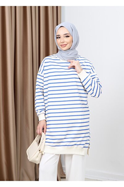 FABİMOD Women's Seasonal Loose Crew Neck Embroidered Striped Hijab Tunic Sports Model Seasonal Tunic
