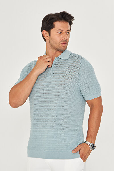 EDITION MAN Aqua Fine Лятна мека памучна блуза с цип и поло яка EE100511598