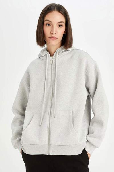 DeFacto Gri Okula Dönüş Relax Fit Kapüşonlu Kalın Basic Düz Cepli Fermuarlı Sweatshirt D8717AX24WN
