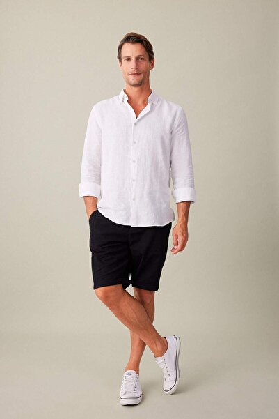 DeFacto %100 Keten Regular Fit Polo Yaka Yazlık Basic Düz Uzun Kollu Gömlek C1825ax24sm